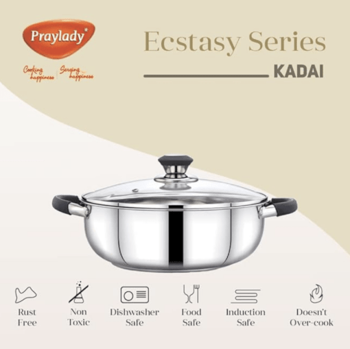 Praylady Ecstasy Series 3 Ply Base Kadai 24 cm | Stainless Steel Deep kadai with Glass Lid 3.0 L | Silver | Deep Kadai with See Through Lid | Deep Cooking | - Image 3